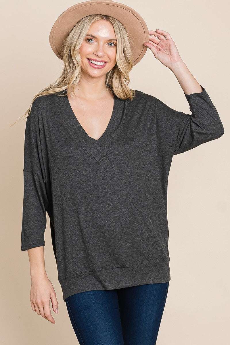 Solid Rib Modal Casual 3/4 Sleeves Dolman Sleeves Top - The Diva Goddess