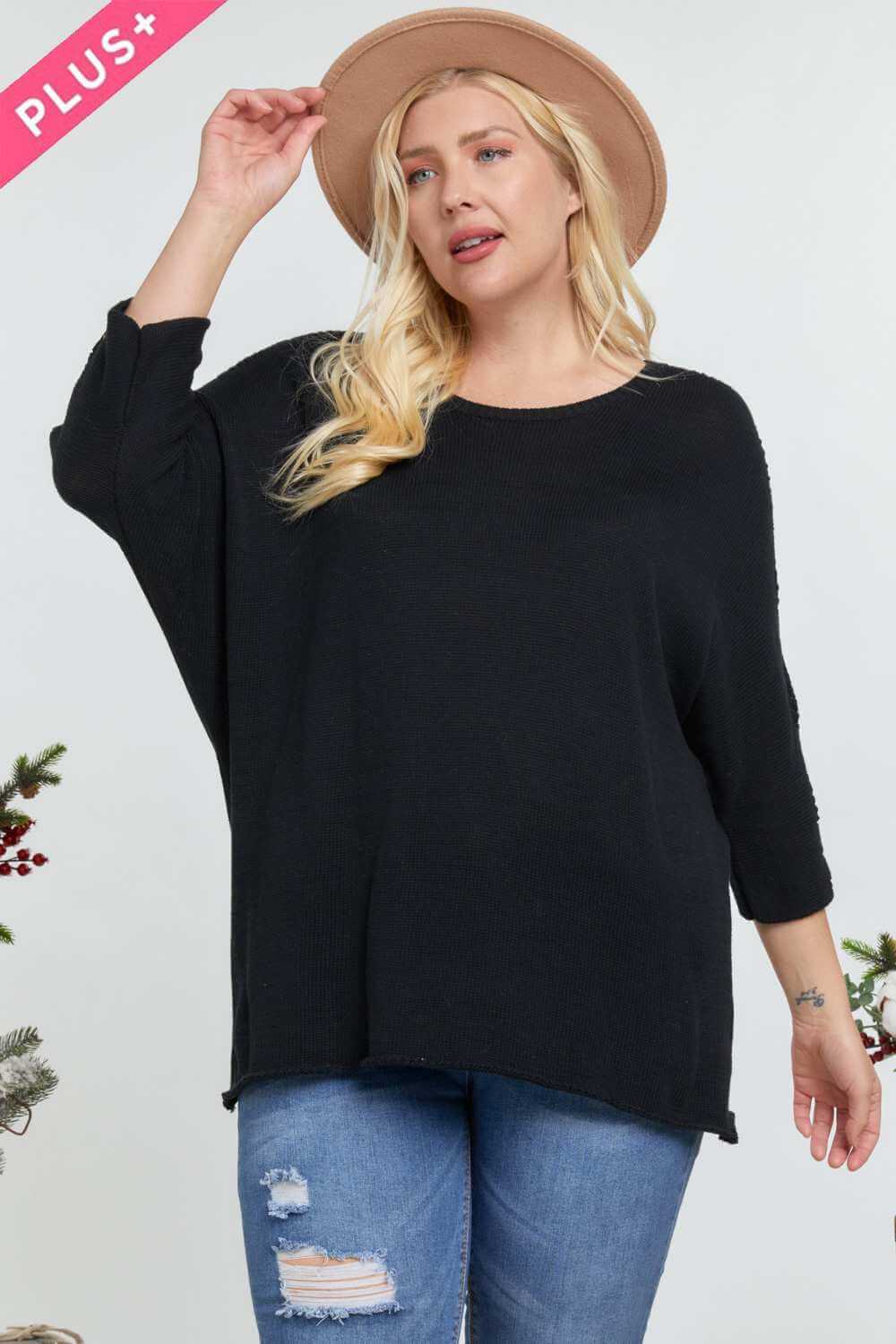 Solid Round Neck 3/4 Sleeve Sweater Top - The Diva Goddess