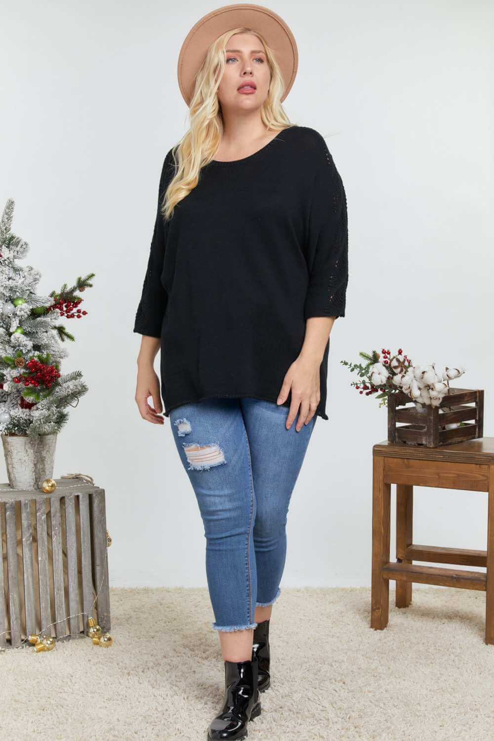 Solid Round Neck 3/4 Sleeve Sweater Top - The Diva Goddess