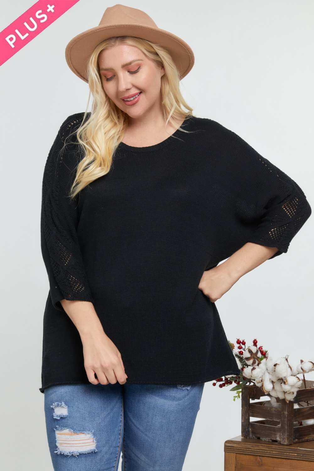 Solid Round Neck 3/4 Sleeve Sweater Top - The Diva Goddess