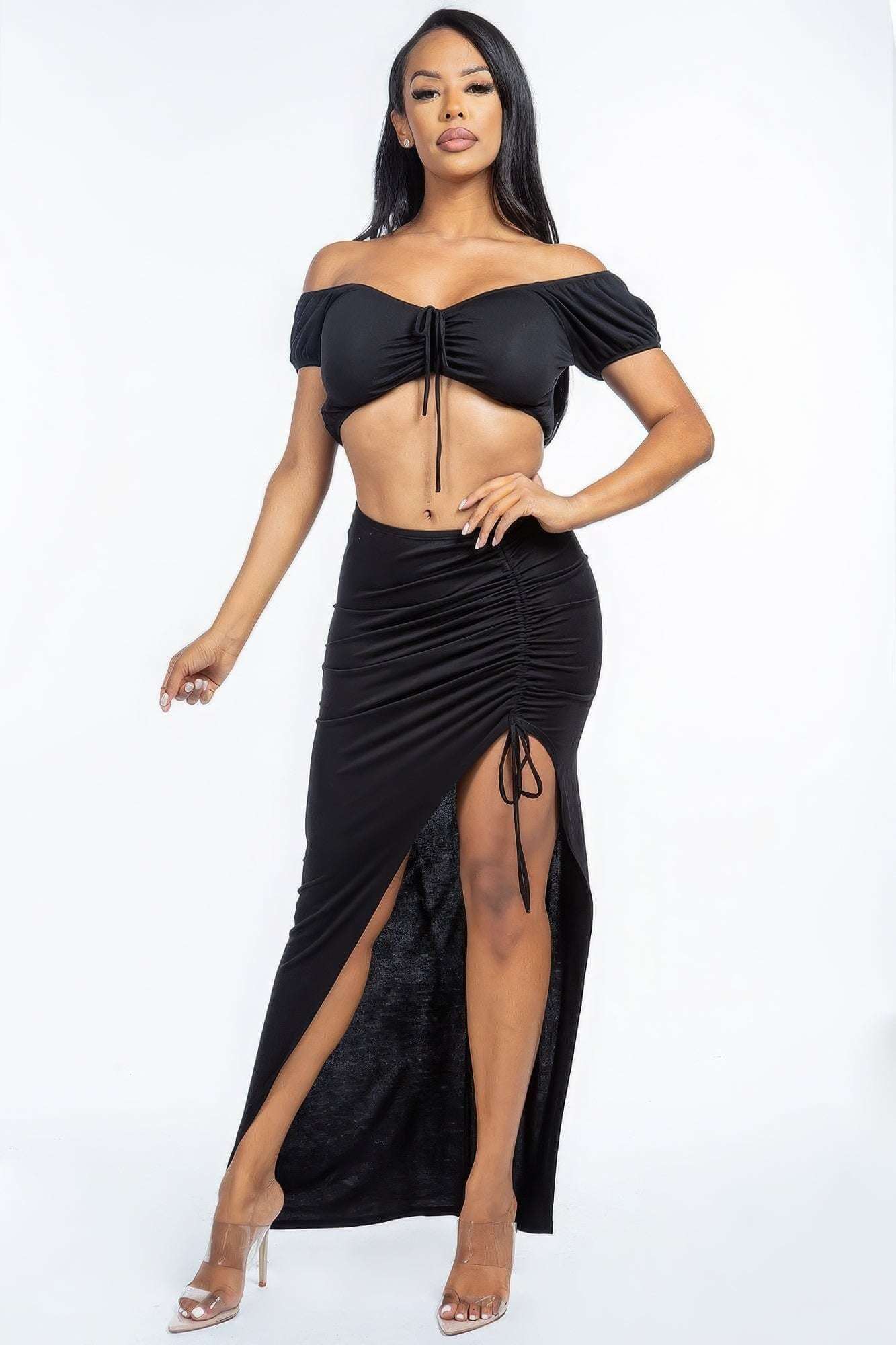 Solid Ruched Front Off The Shoulder Short Sleeve Cropped Top And Side Ruched Asymmetrical Skirt Two Piece Set - The Diva Goddess