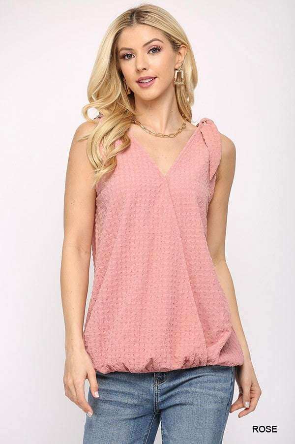 Solid Textured And Sleeveless Surplice Top With Shoulder Tie - The Diva Goddess