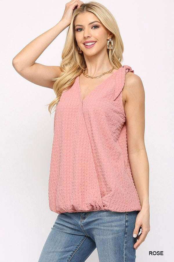 Solid Textured And Sleeveless Surplice Top With Shoulder Tie - The Diva Goddess