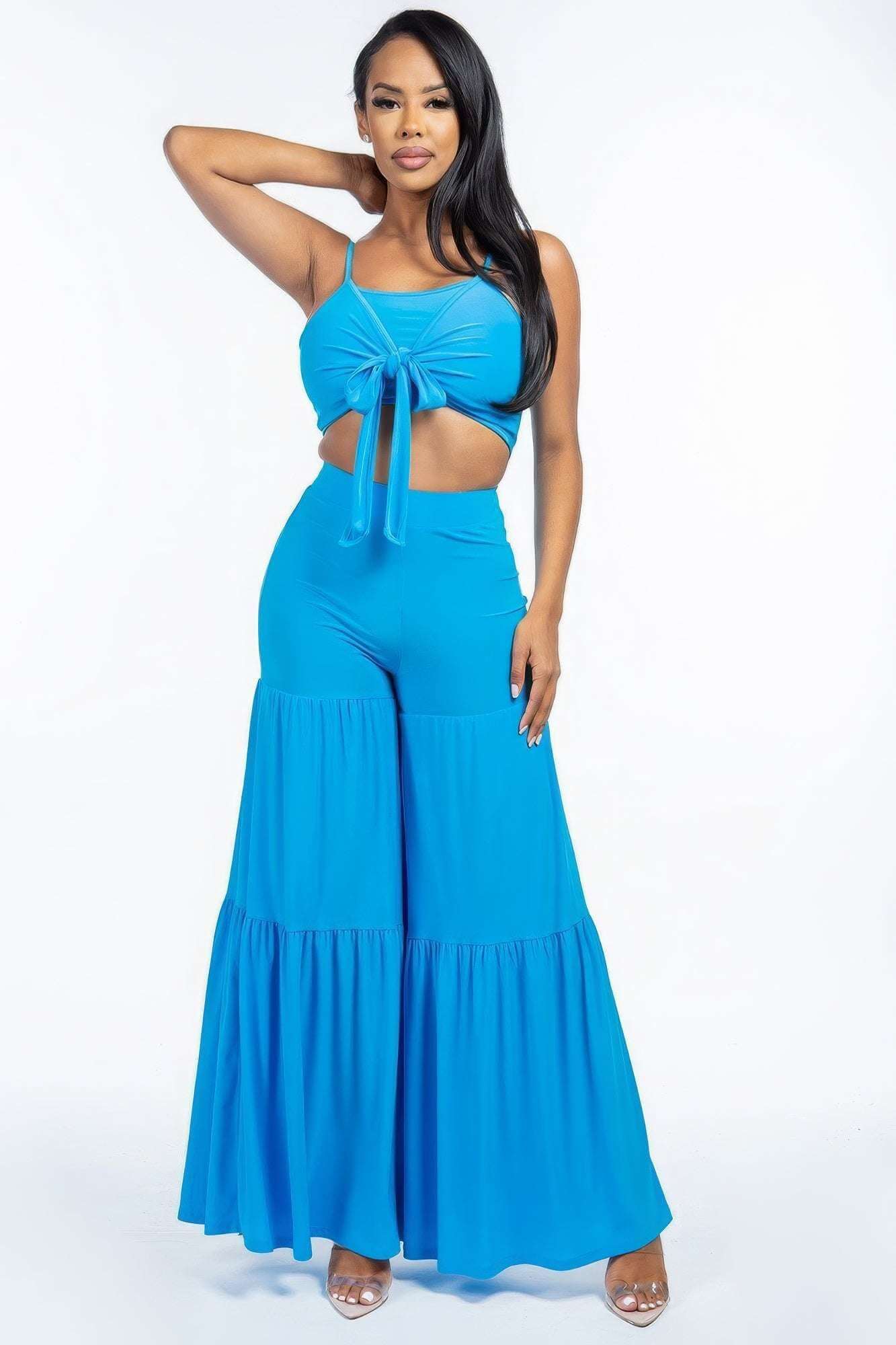 Solid Tie Front Spaghetti Strap Tank Top And Tiered Wide Leg Pants Two Piece Set - The Diva Goddess