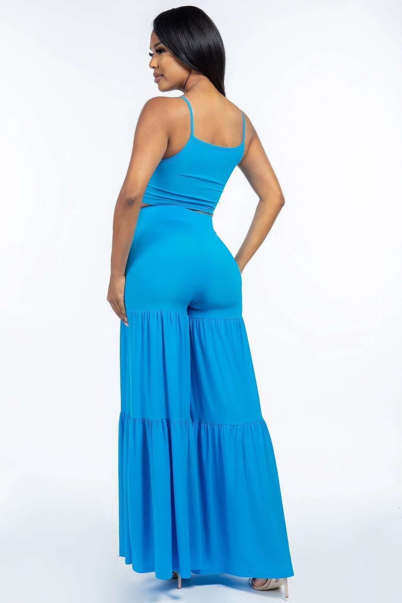 Solid Tie Front Spaghetti Strap Tank Top And Tiered Wide Leg Pants Two Piece Set - The Diva Goddess