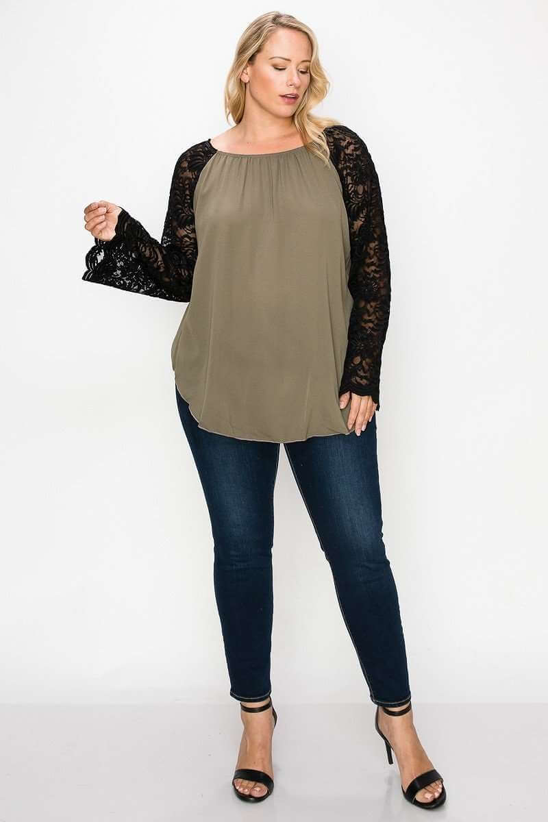 Solid Top Featuring Flattering Lace Bell Sleeves - The Diva Goddess