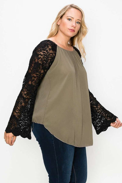 Solid Top Featuring Flattering Lace Bell Sleeves - The Diva Goddess