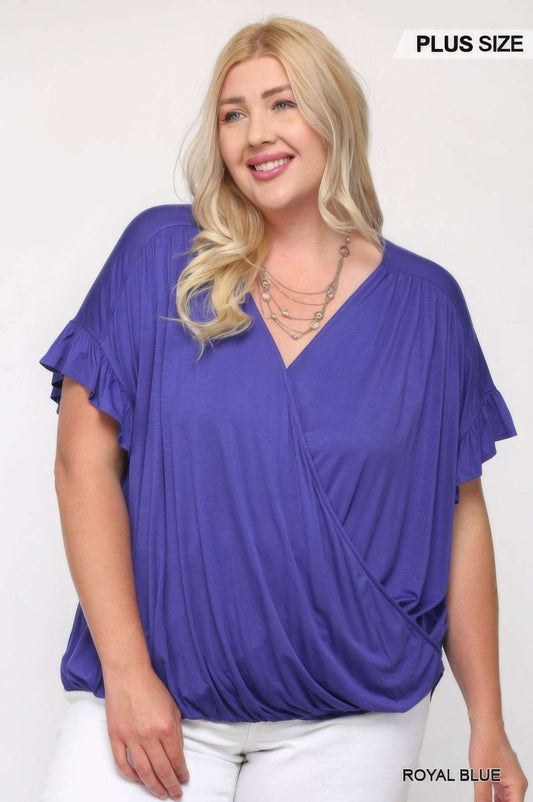 Solid Viscose Knit Surplice Top With Ruffle Sleeve - The Diva Goddess