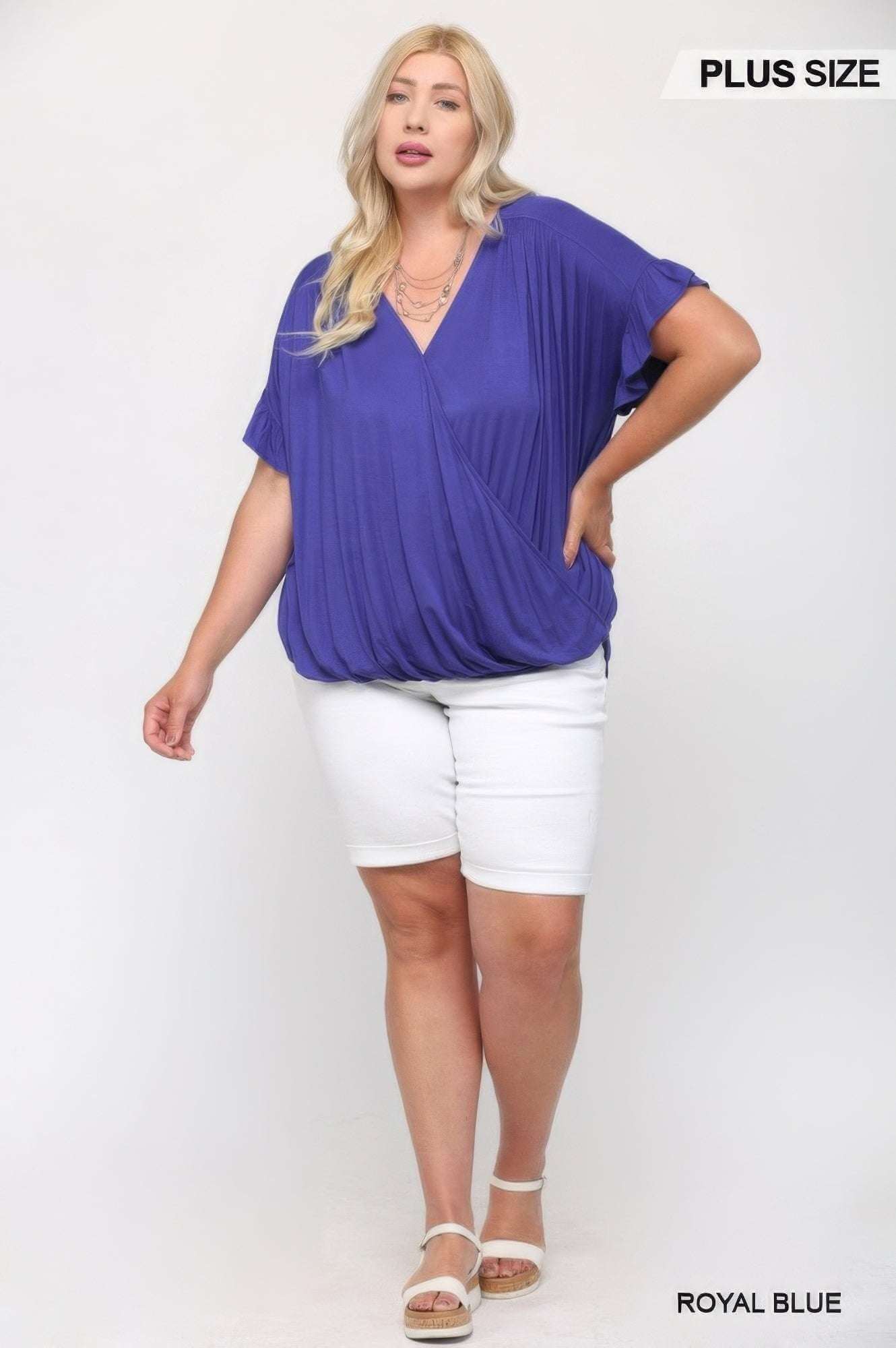 Solid Viscose Knit Surplice Top With Ruffle Sleeve - The Diva Goddess