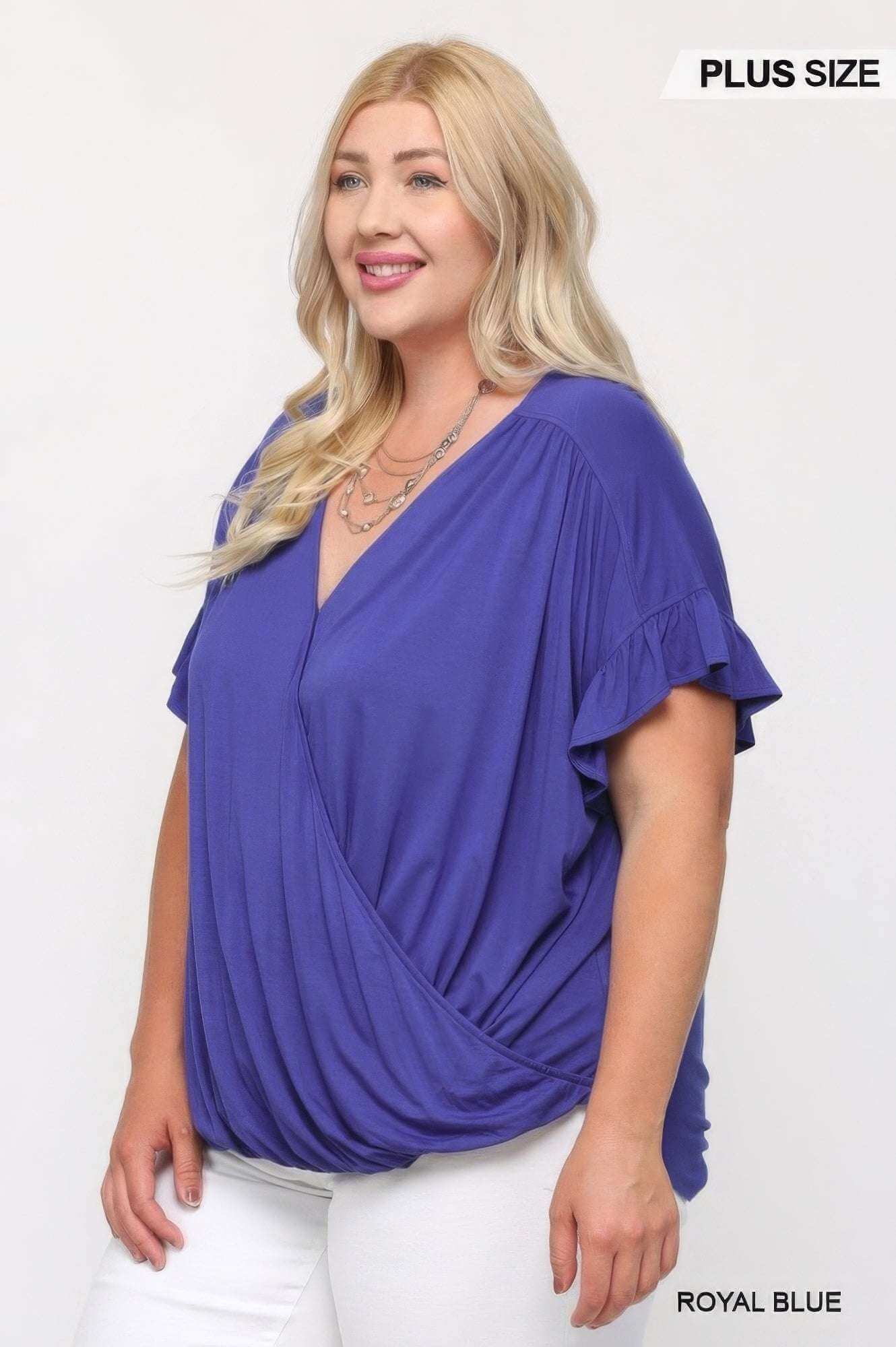 Solid Viscose Knit Surplice Top With Ruffle Sleeve - The Diva Goddess