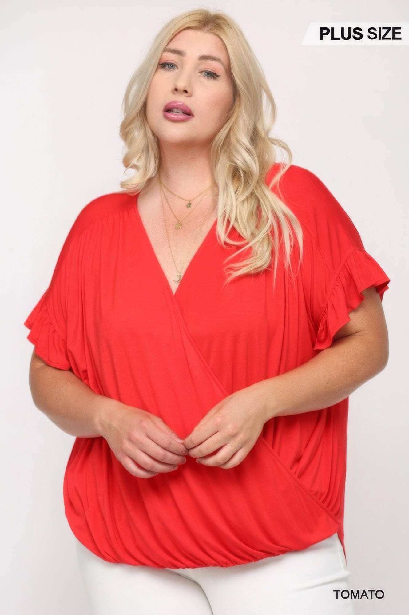 Solid Viscose Knit Surplice Top With Ruffle Sleeve - The Diva Goddess