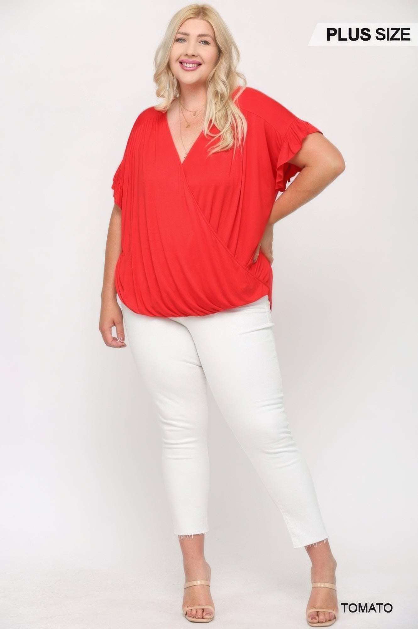 Solid Viscose Knit Surplice Top With Ruffle Sleeve - The Diva Goddess