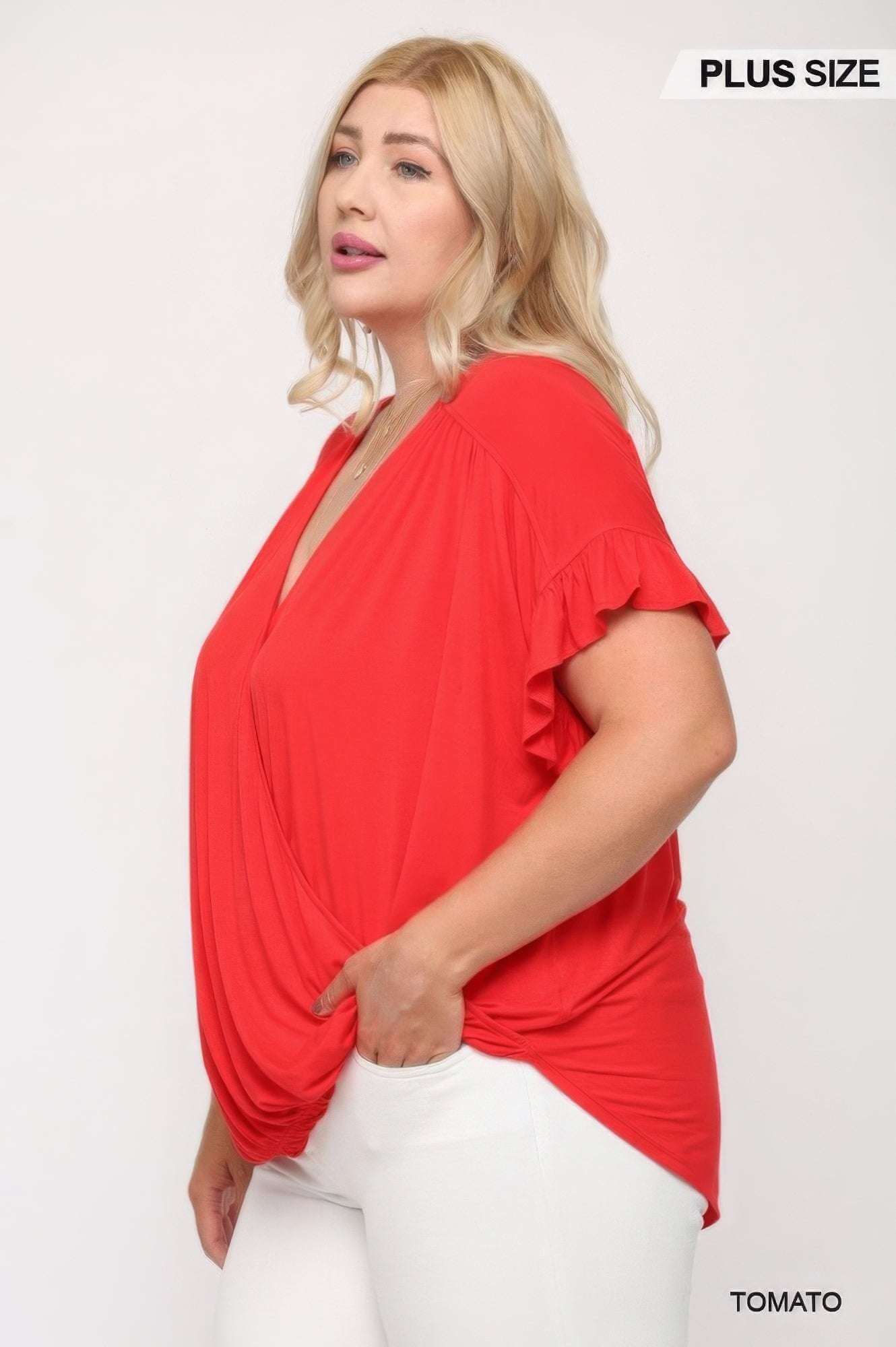 Solid Viscose Knit Surplice Top With Ruffle Sleeve - The Diva Goddess