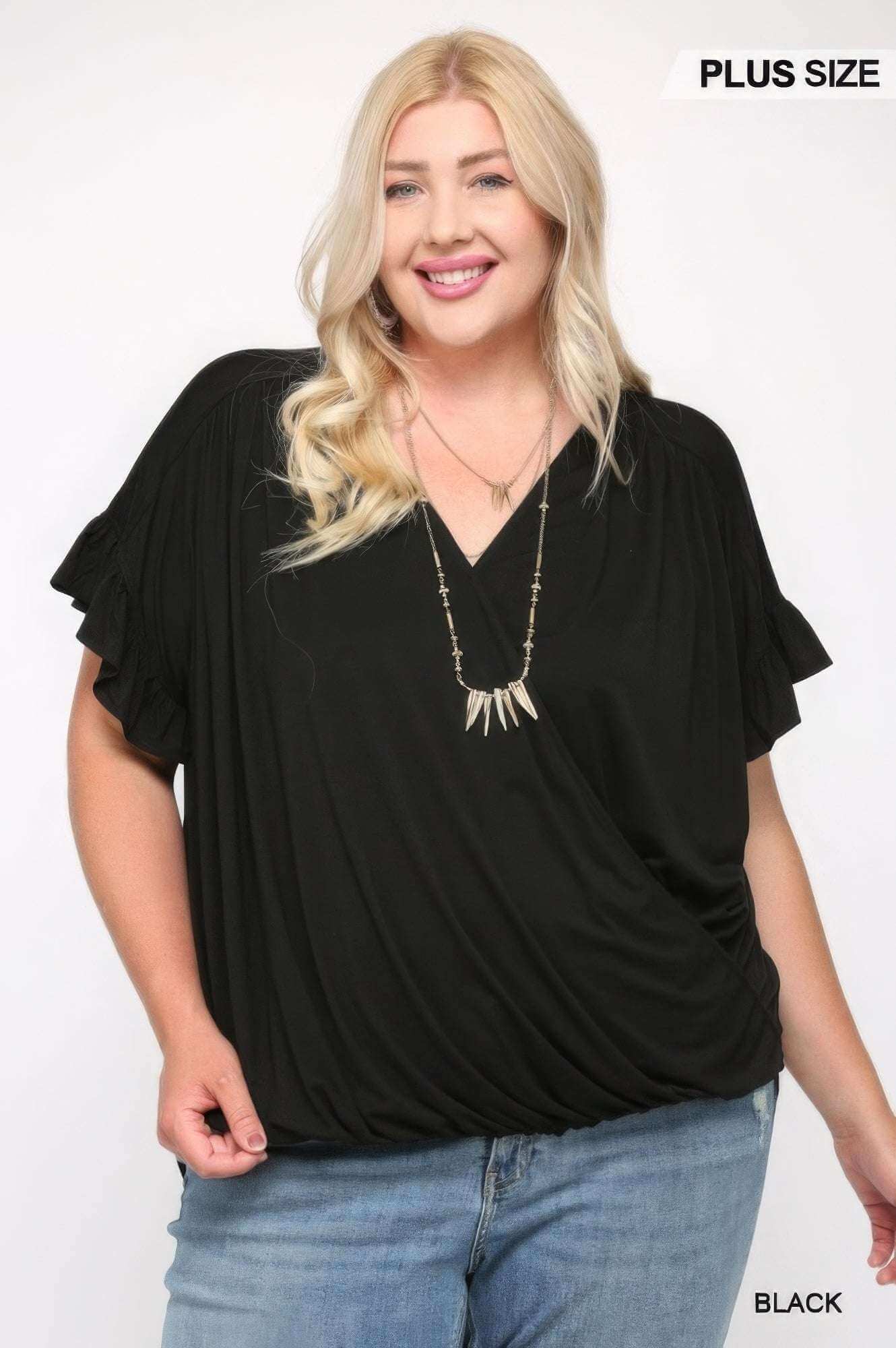 Solid Viscose Knit Surplice Top With Ruffle Sleeve - The Diva Goddess