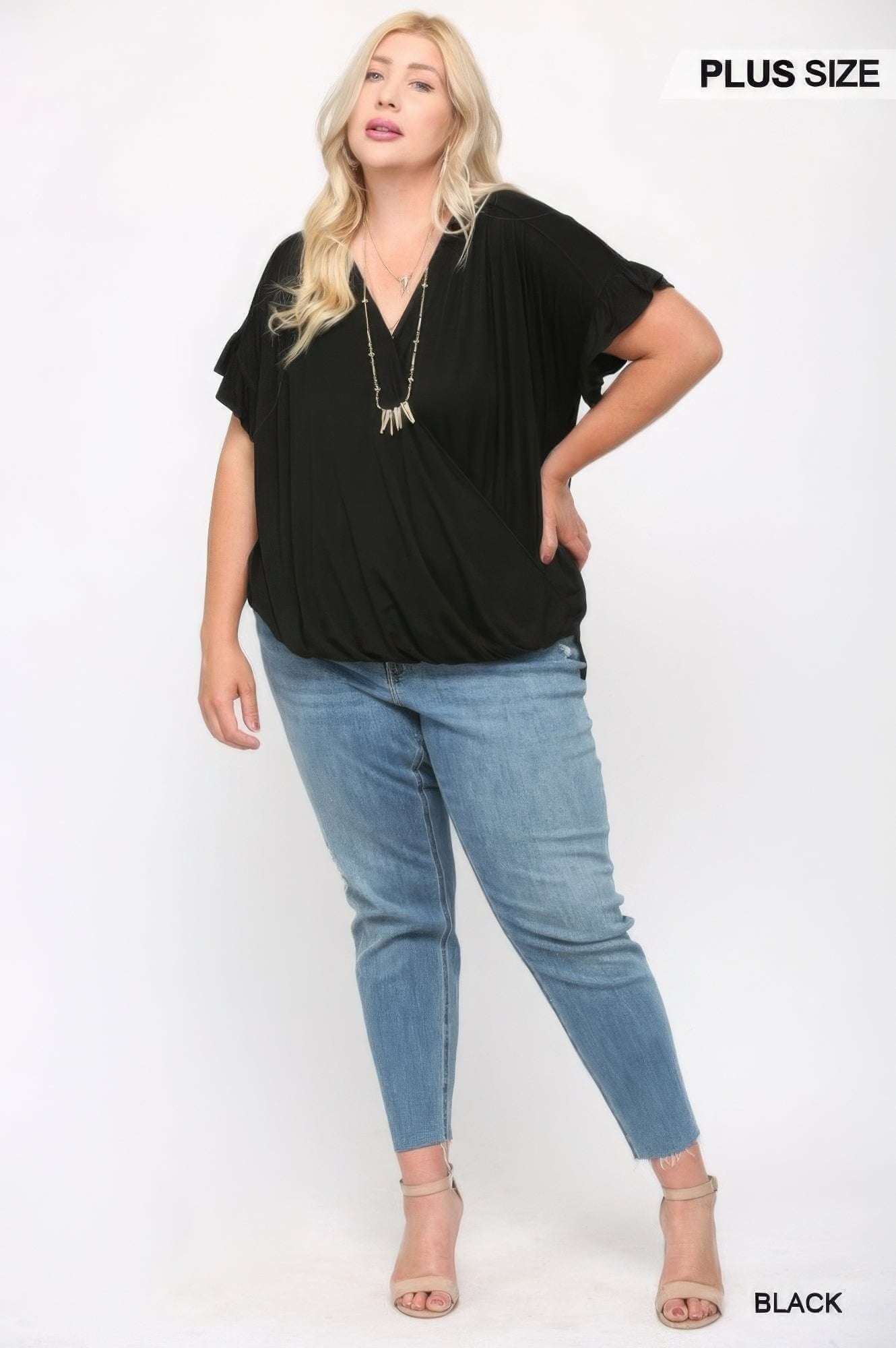 Solid Viscose Knit Surplice Top With Ruffle Sleeve - The Diva Goddess