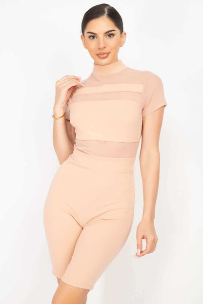 Stripe Mesh Mock Neck Biker Romper - The Diva Goddess