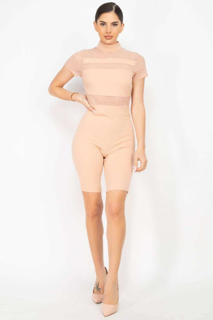 Stripe Mesh Mock Neck Biker Romper - The Diva Goddess