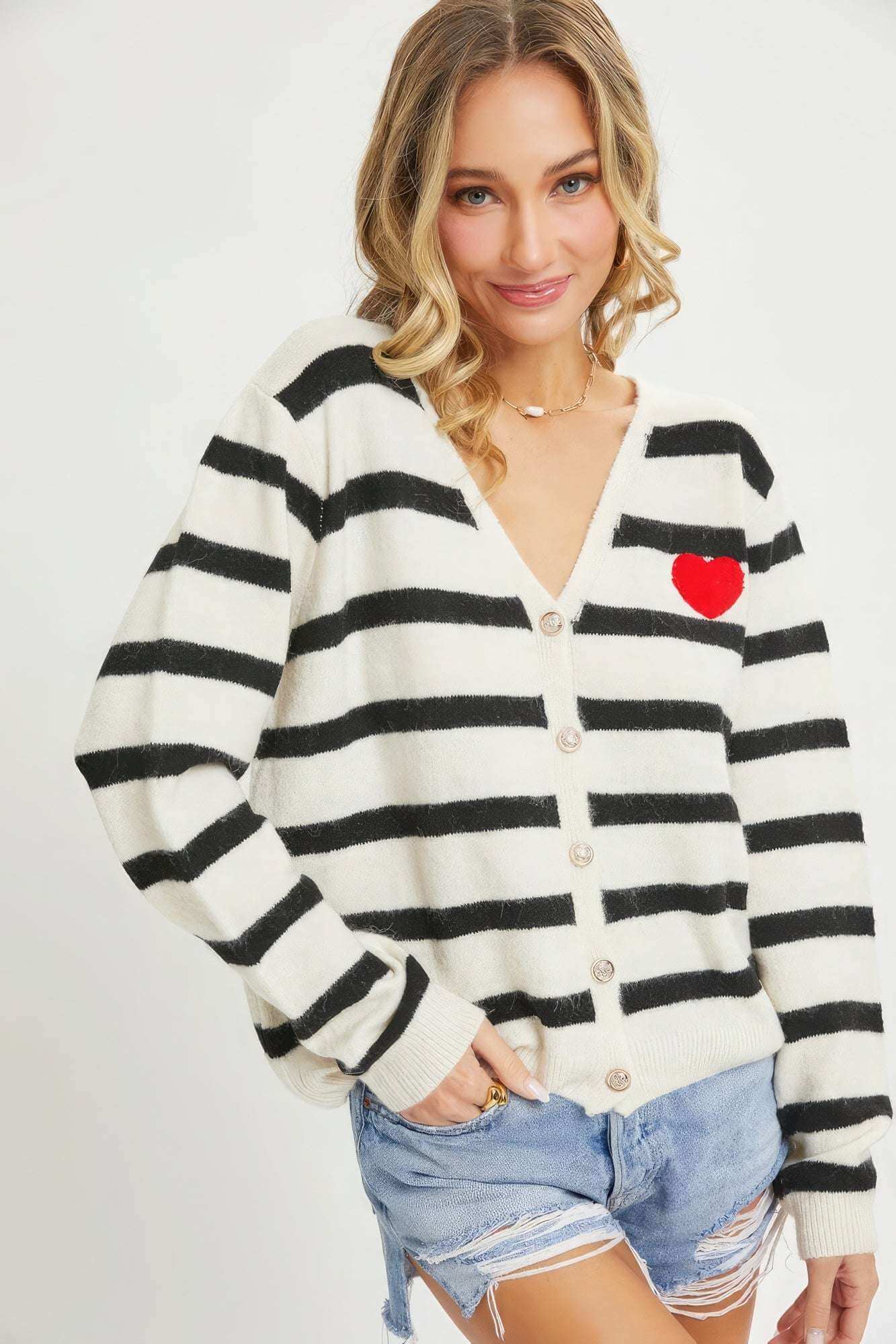 Striped Cardigan With Heart Patch - The Diva Goddess