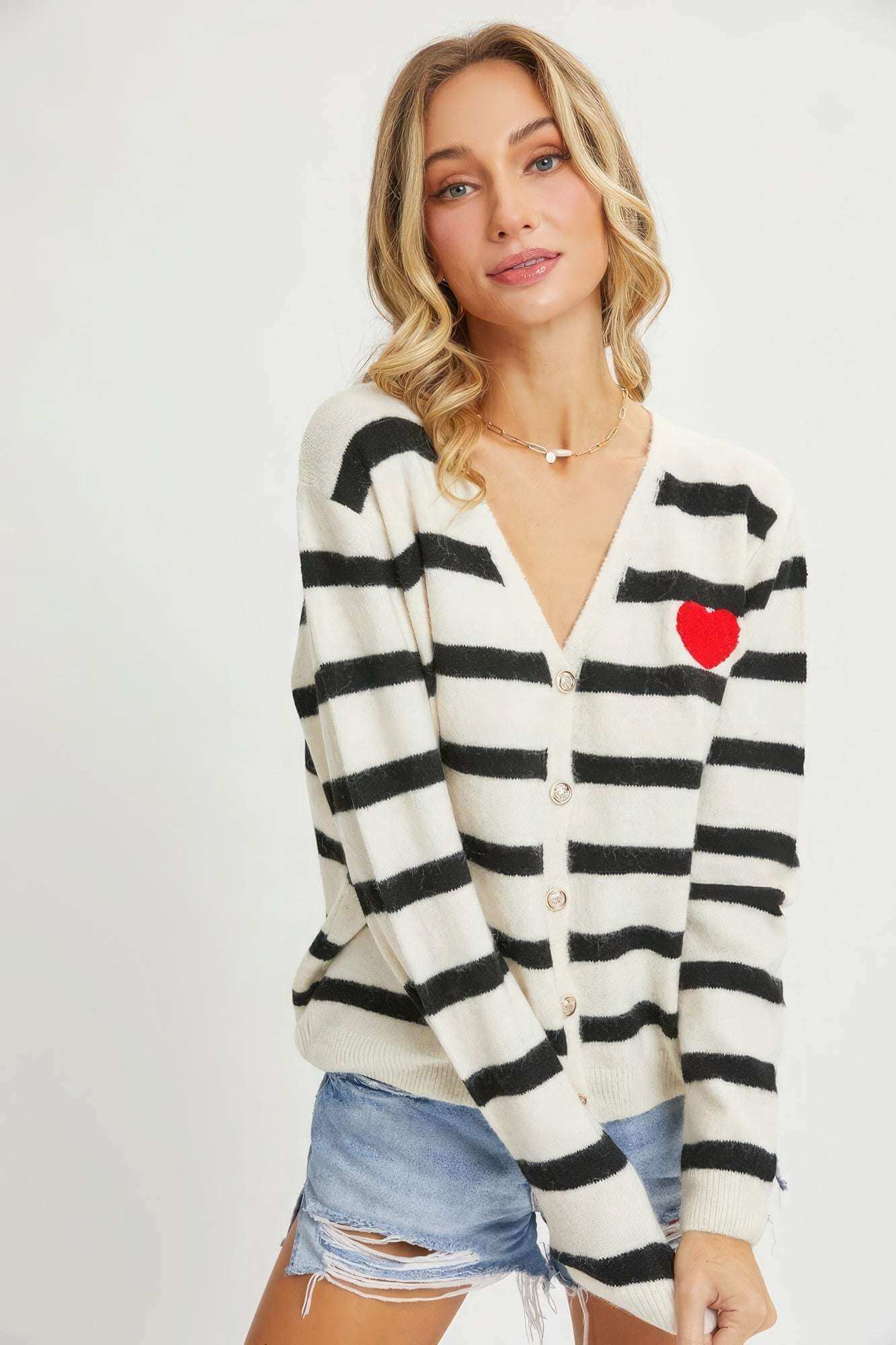 Striped Cardigan With Heart Patch - The Diva Goddess