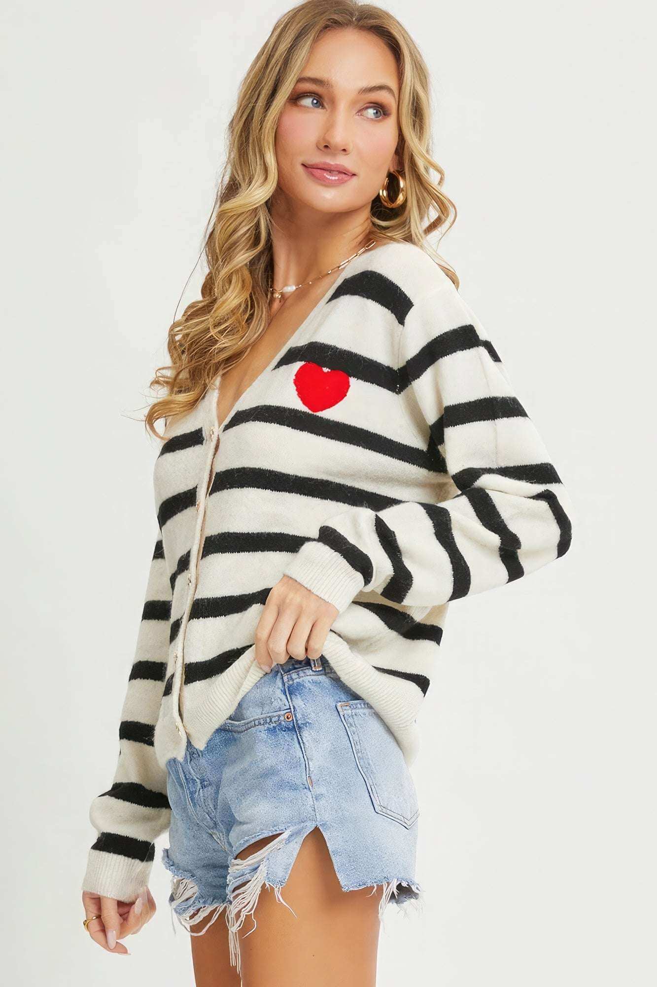 Striped Cardigan With Heart Patch - The Diva Goddess