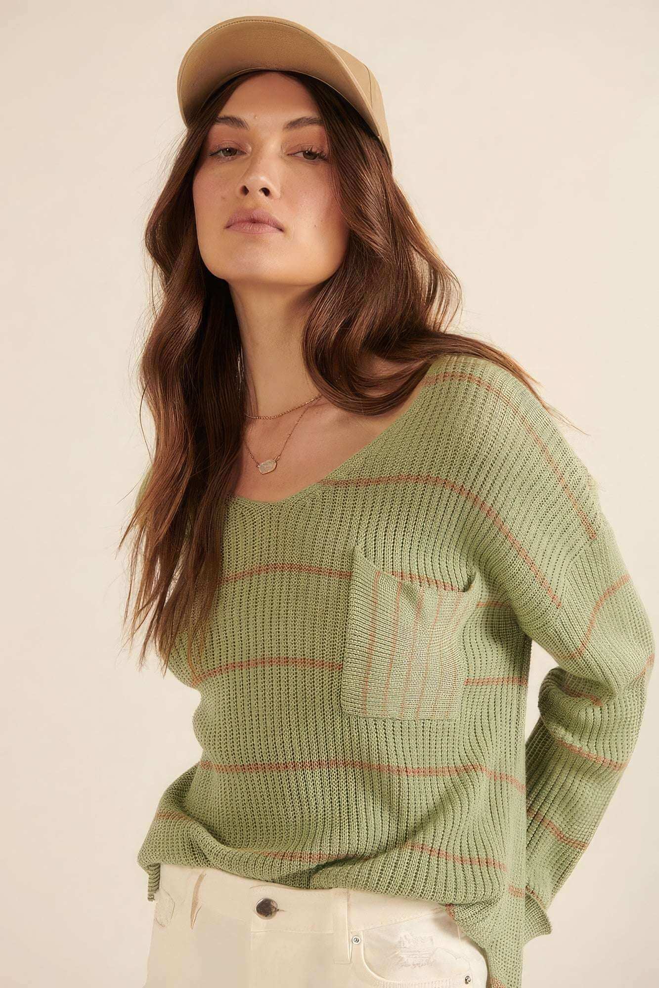 Striped Rib-knit Oversized Pocket Sweater - The Diva Goddess