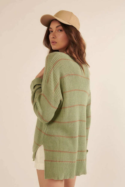 Striped Rib-knit Oversized Pocket Sweater - The Diva Goddess