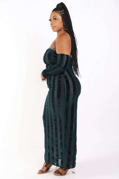 Striped Velvet Off Shoulder Dress - The Diva Goddess