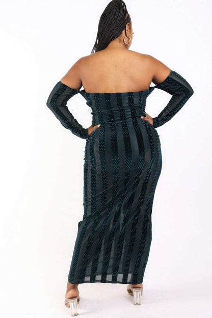 Striped Velvet Off Shoulder Dress - The Diva Goddess