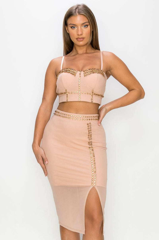 Studded Stone Cami Top & Slit Mini Skirts Set - The Diva Goddess