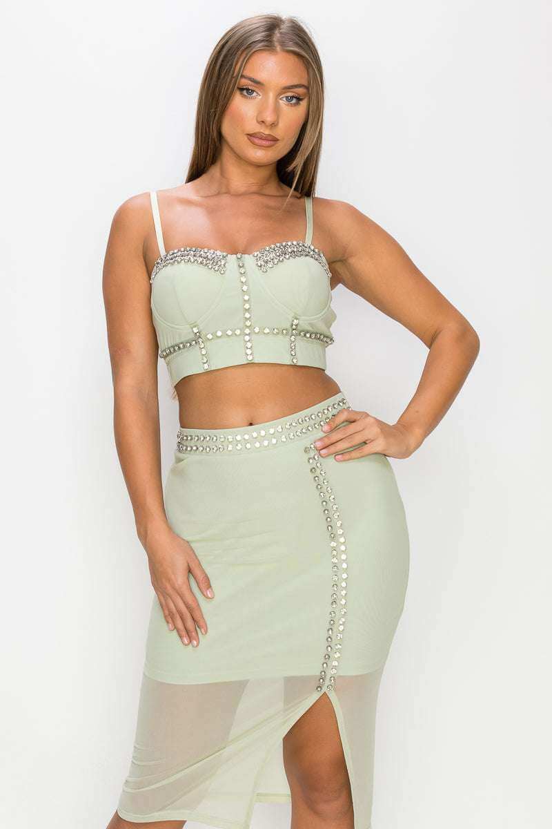 Studded Stone Cami Top & Slit Mini Skirts Set - The Diva Goddess