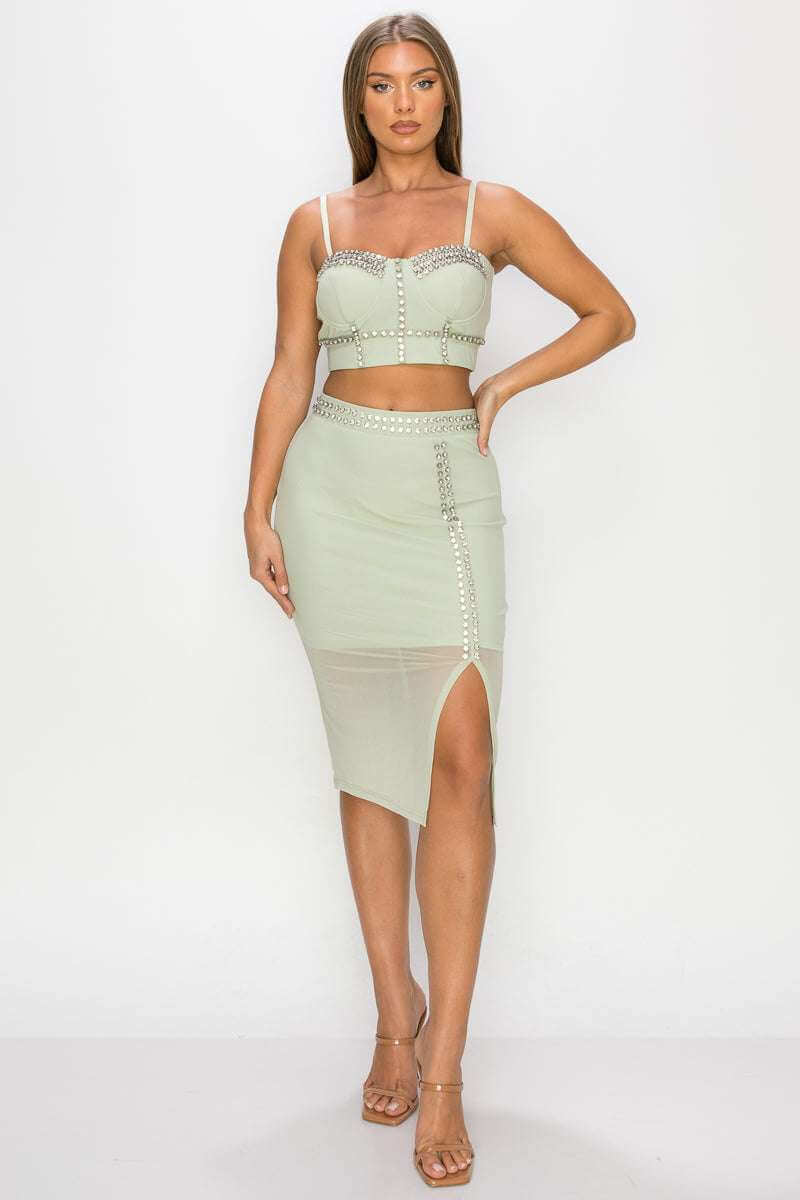 Studded Stone Cami Top & Slit Mini Skirts Set - The Diva Goddess