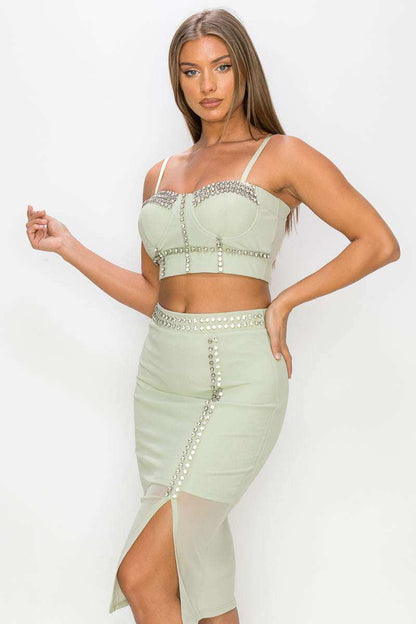 Studded Stone Cami Top & Slit Mini Skirts Set - The Diva Goddess