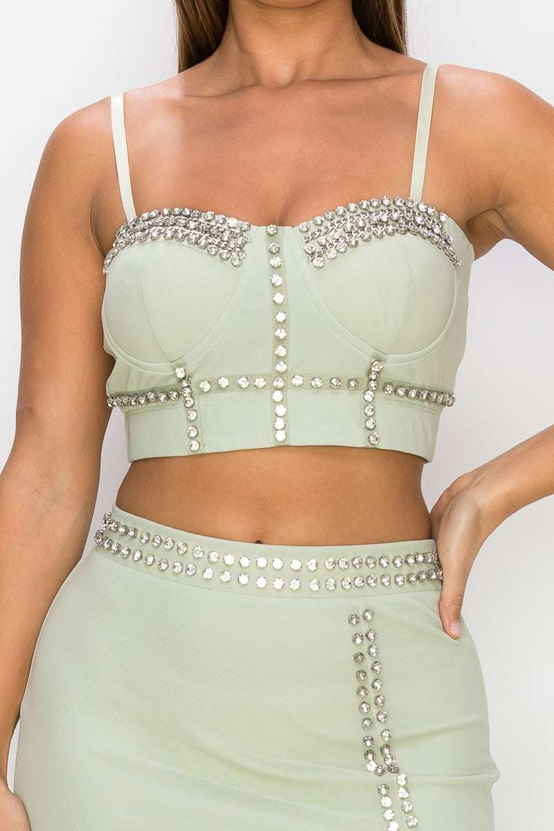 Studded Stone Cami Top & Slit Mini Skirts Set - The Diva Goddess