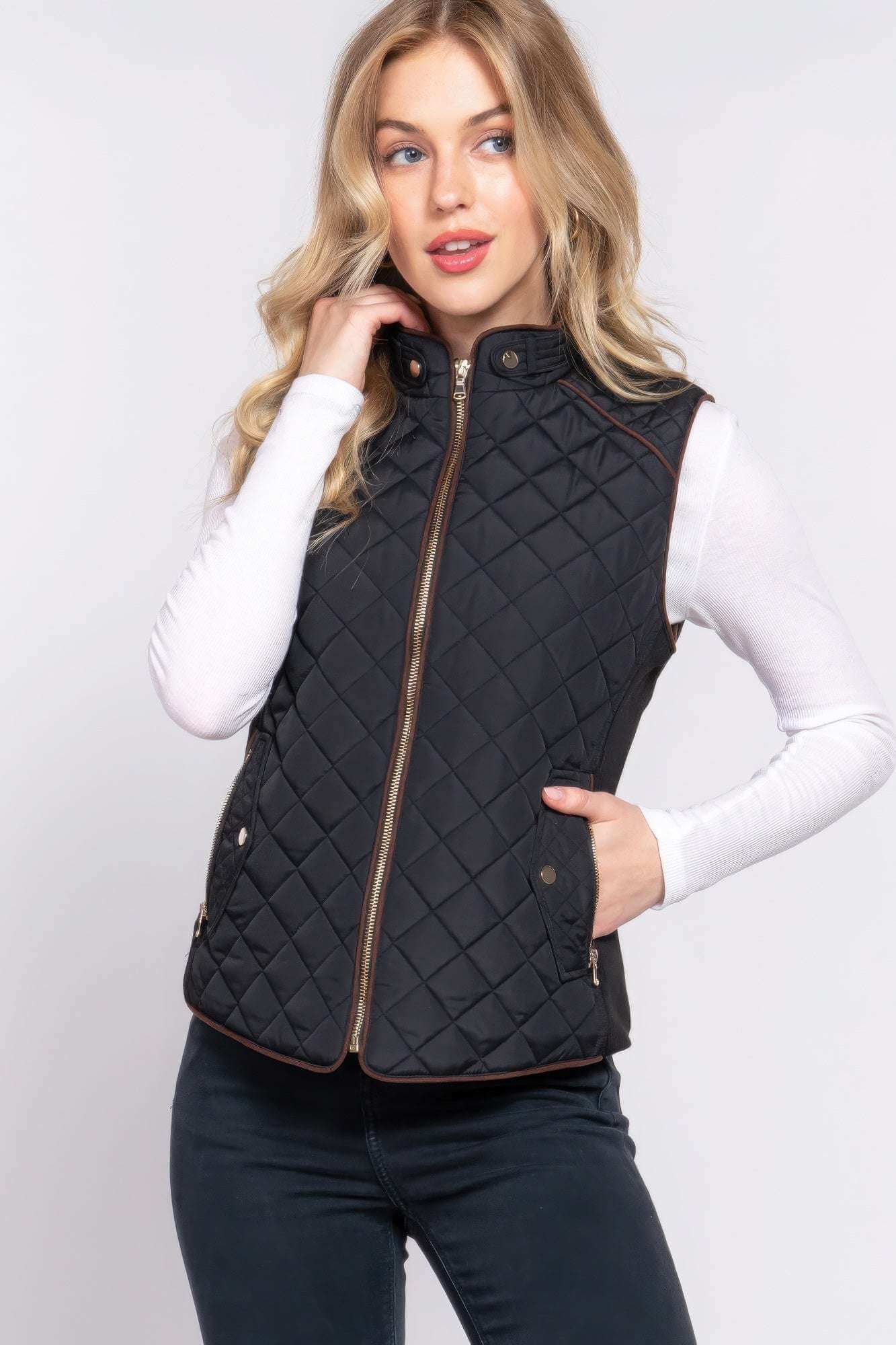 Suede Piping Quilted Padding Vest - The Diva Goddess