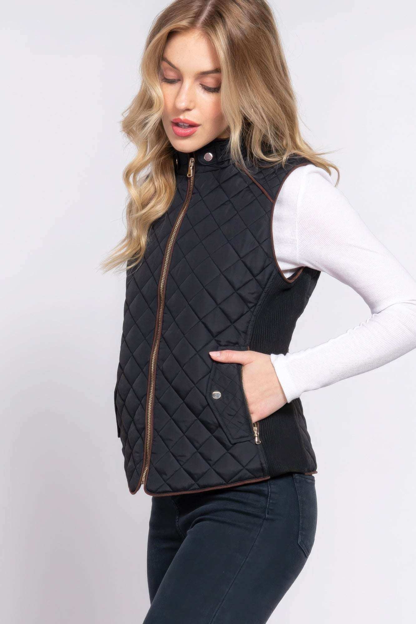 Suede Piping Quilted Padding Vest - The Diva Goddess