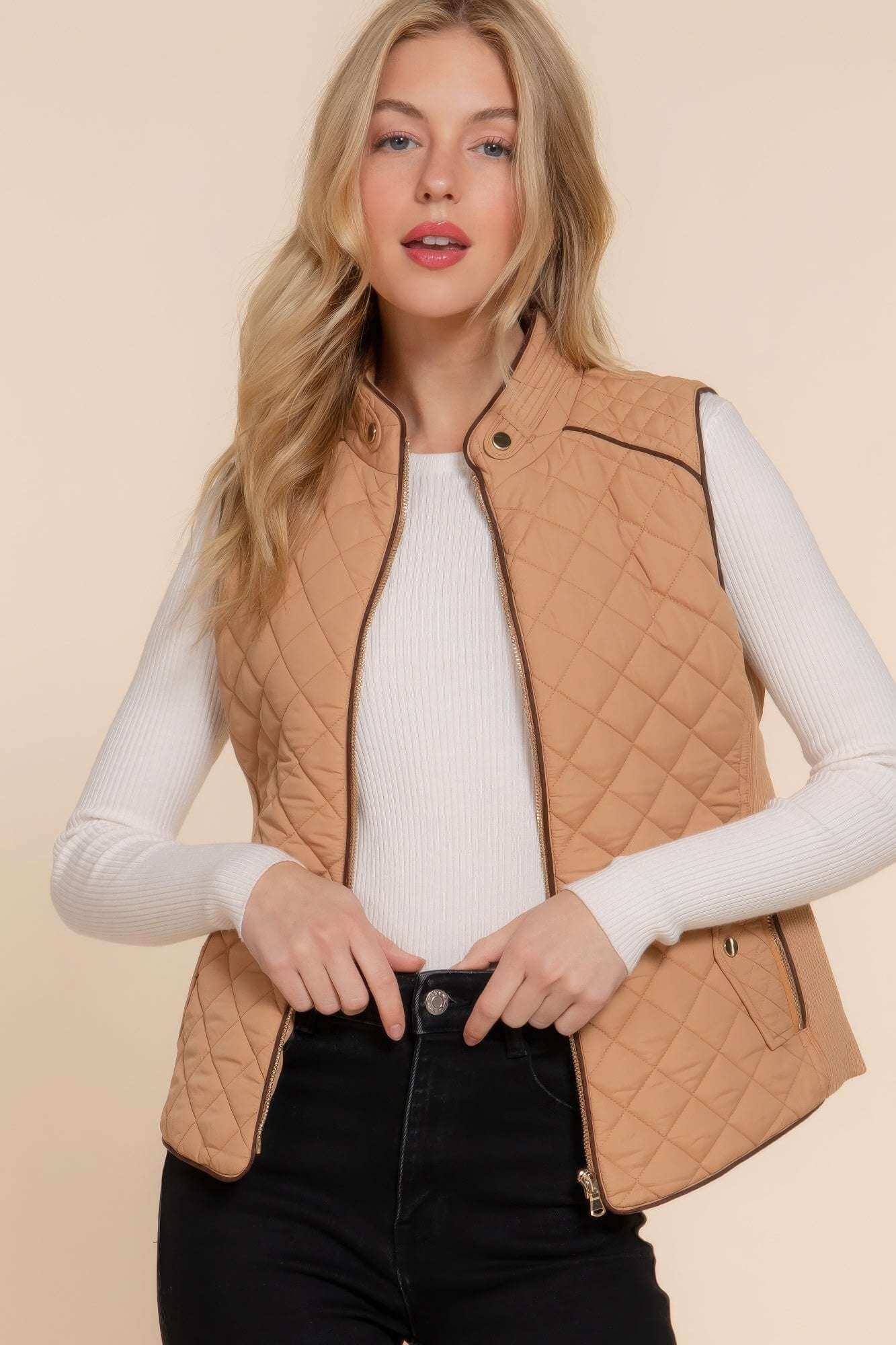 Suede Piping Quilted Padding Vest - The Diva Goddess