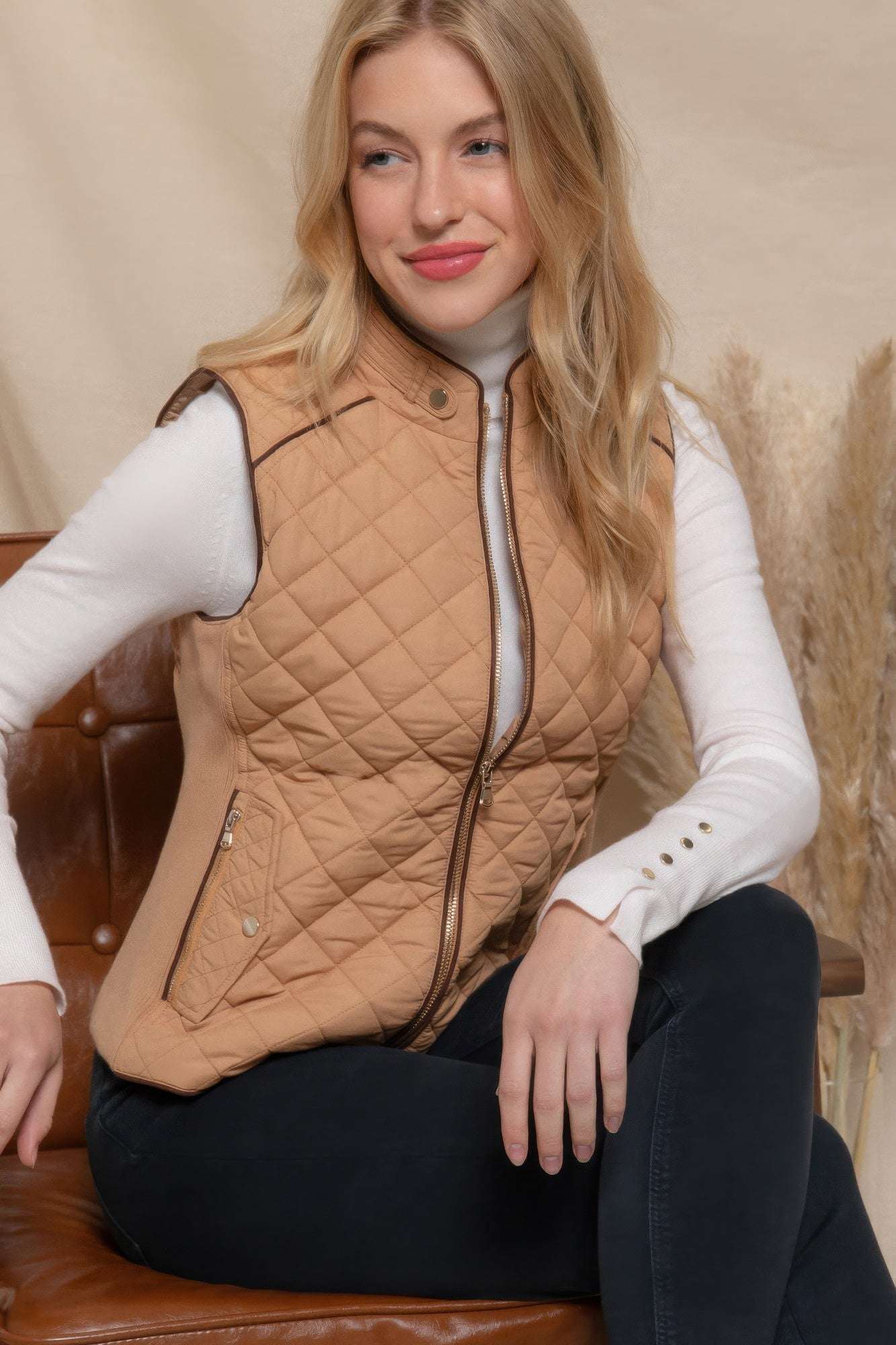 Suede Piping Quilted Padding Vest - The Diva Goddess