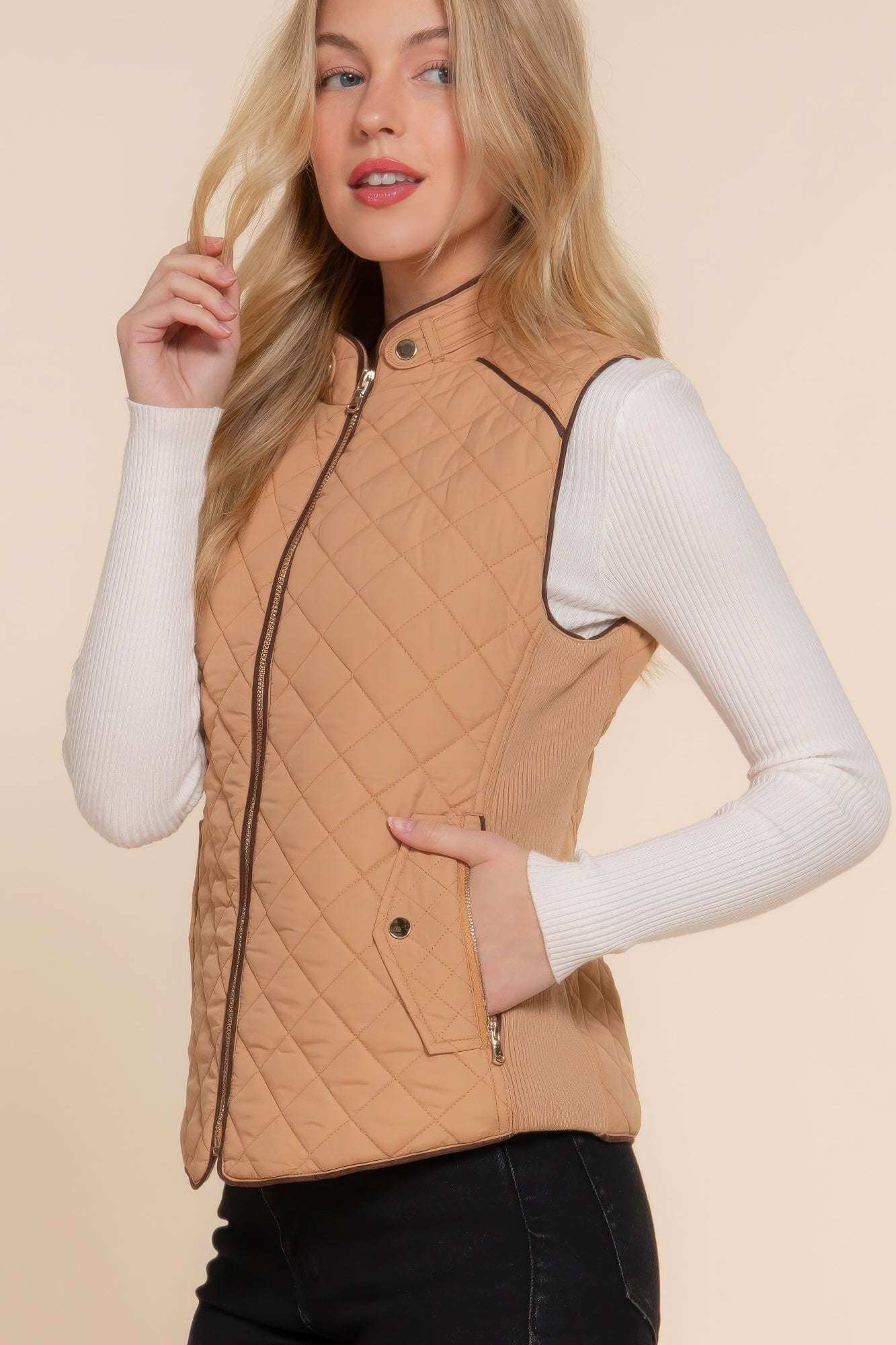 Suede Piping Quilted Padding Vest - The Diva Goddess