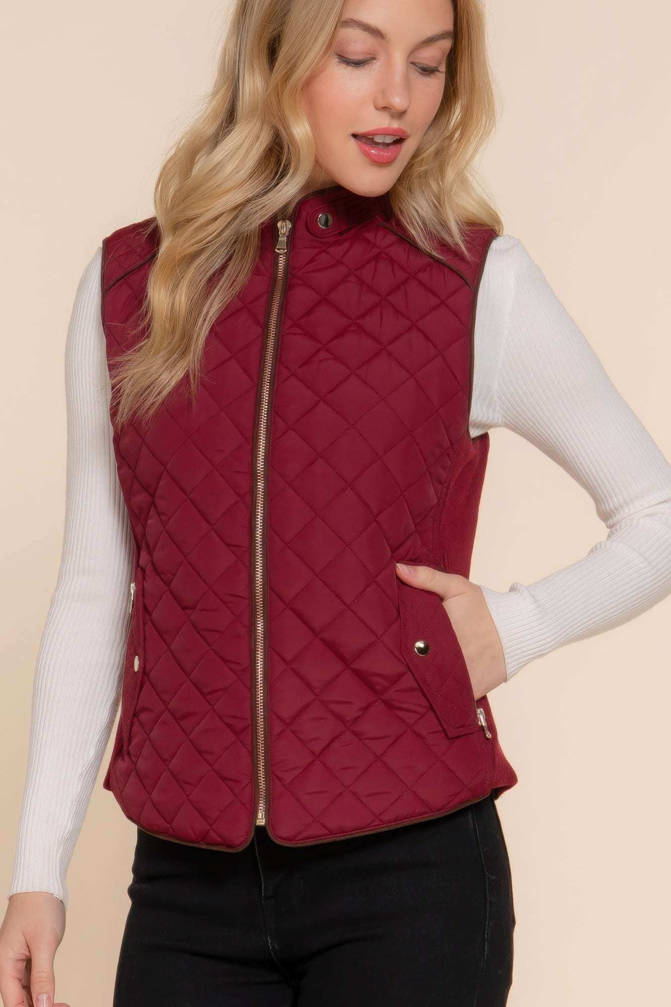 Suede Piping Quilted Padding Vest - The Diva Goddess