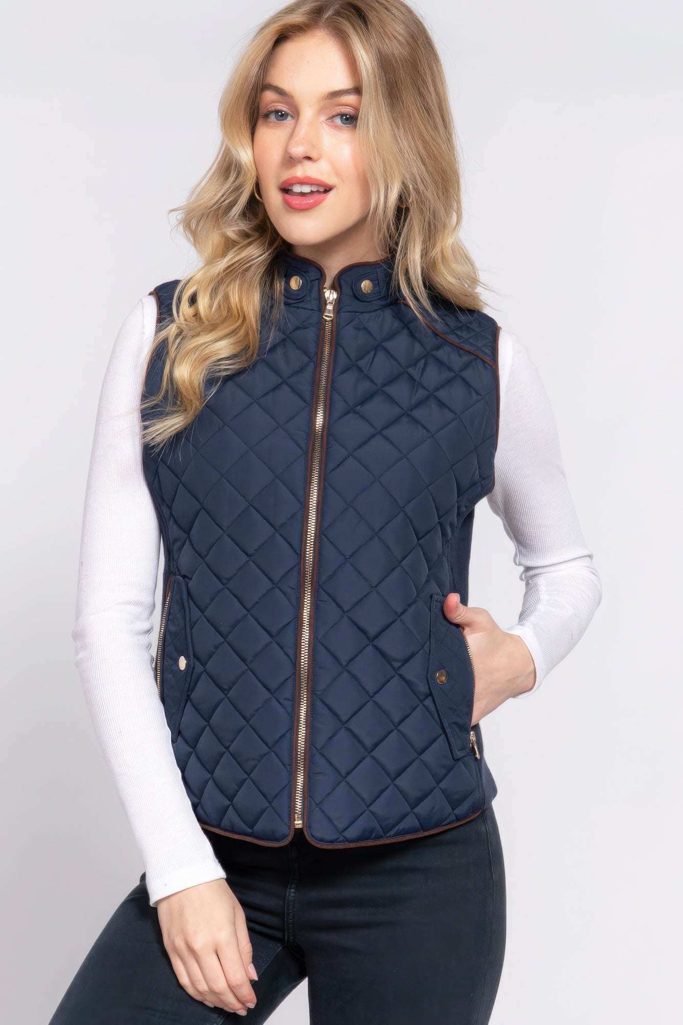 Suede Piping Quilted Padding Vest - The Diva Goddess