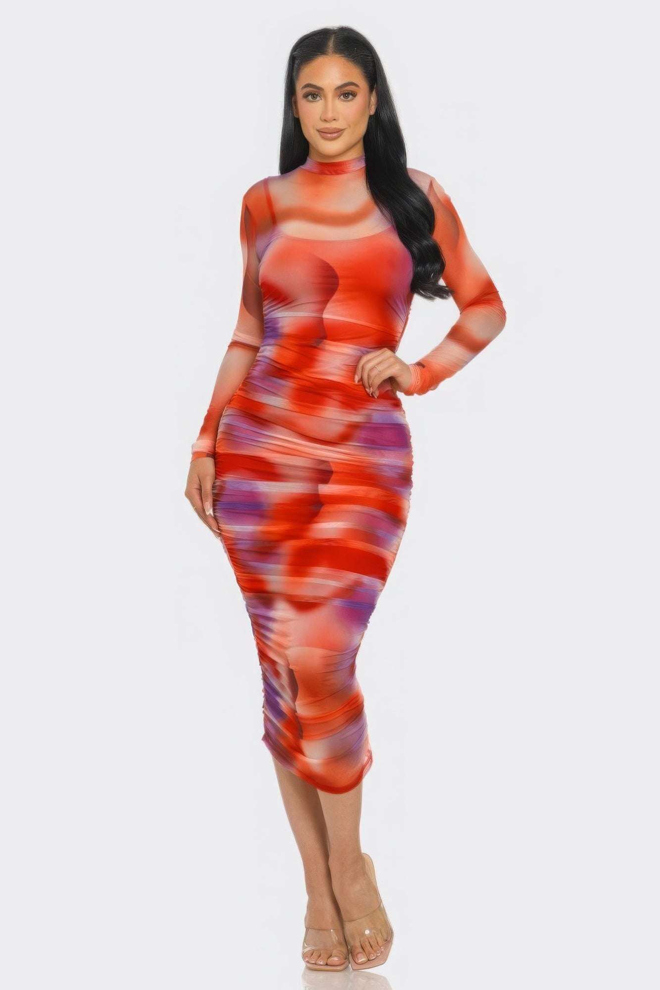 Summer Heat Print Mesh Ruched Midi Dress - The Diva Goddess