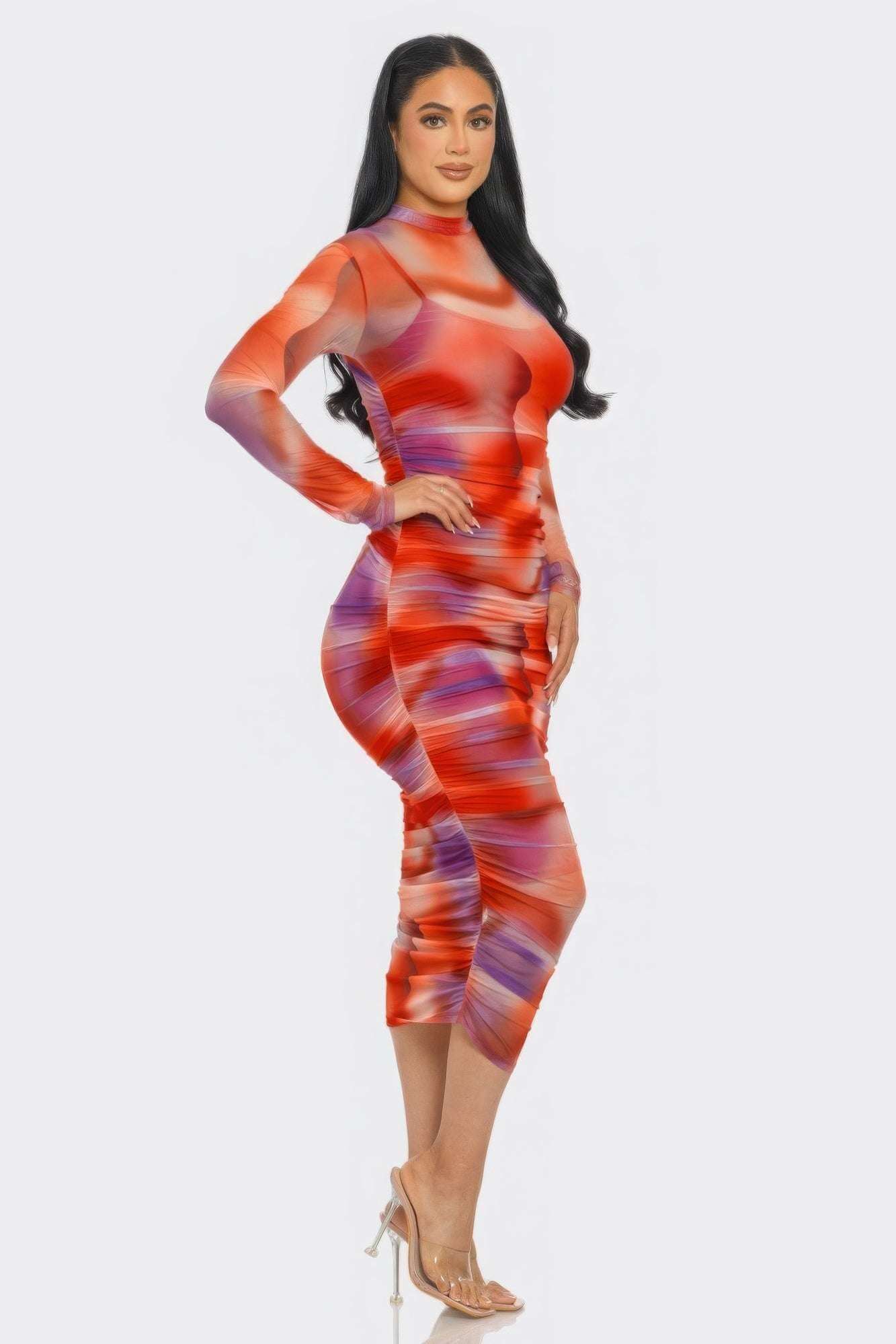 Summer Heat Print Mesh Ruched Midi Dress - The Diva Goddess