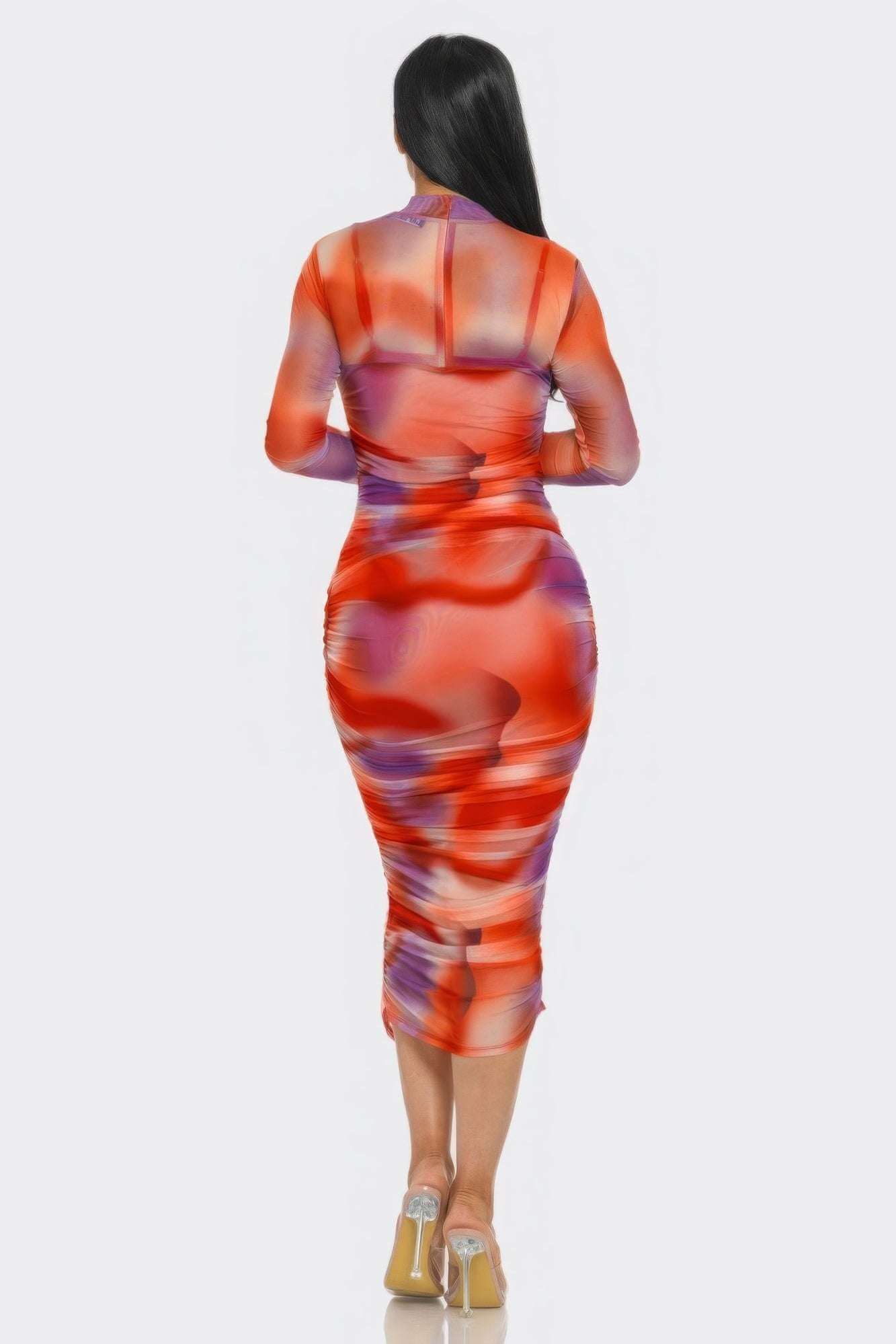 Summer Heat Print Mesh Ruched Midi Dress - The Diva Goddess