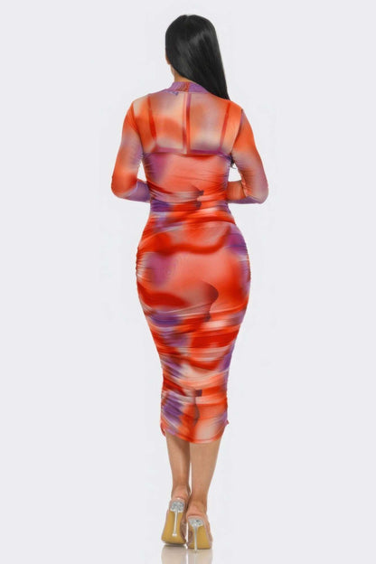 Summer Heat Print Mesh Ruched Midi Dress - The Diva Goddess