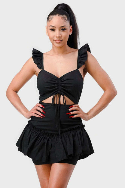 Sweetheart With Drawstring Bow Cutout Ruffled Flutter Sleeves Mini Dress - The Diva Goddess