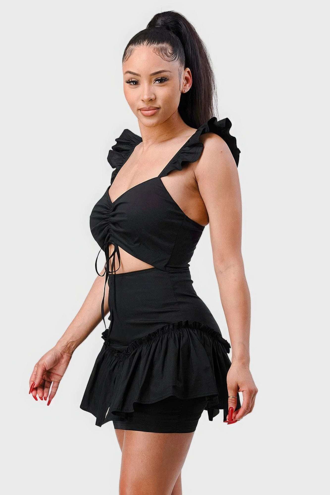 Sweetheart With Drawstring Bow Cutout Ruffled Flutter Sleeves Mini Dress - The Diva Goddess