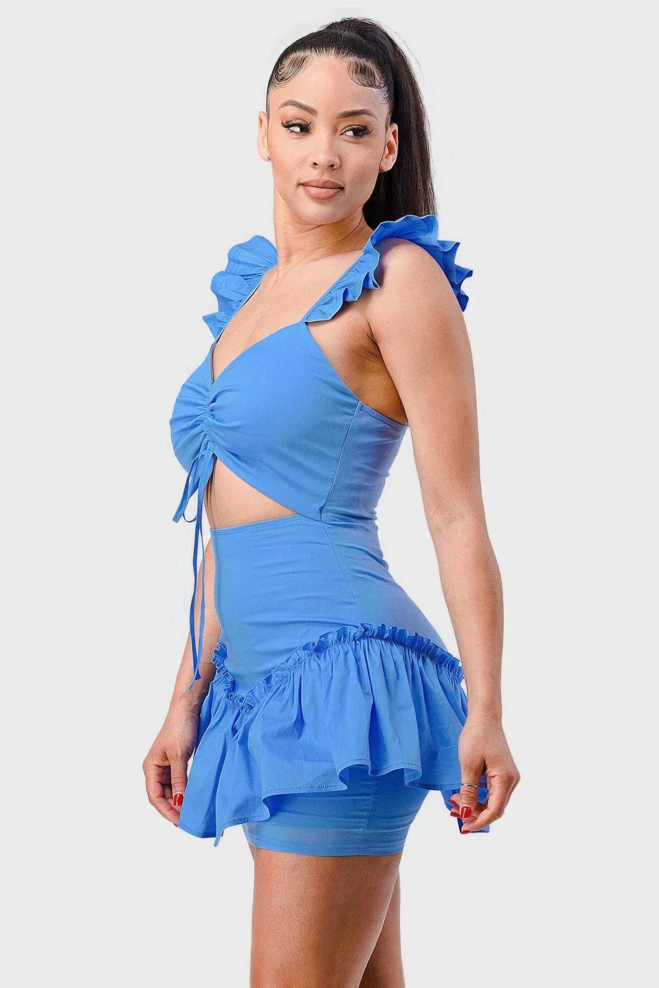 Sweetheart With Drawstring Bow Cutout Ruffled Flutter Sleeves Mini Dress - The Diva Goddess