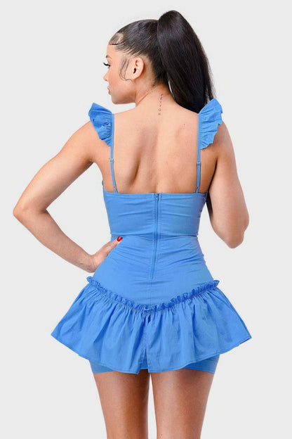 Sweetheart With Drawstring Bow Cutout Ruffled Flutter Sleeves Mini Dress - The Diva Goddess