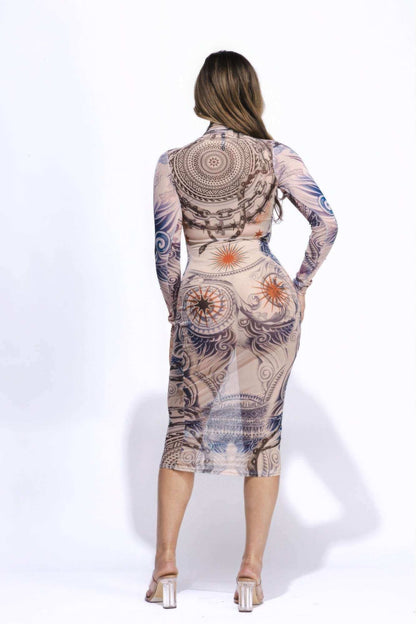 Tattoo Body Print Mesh Midi Dress - The Diva Goddess