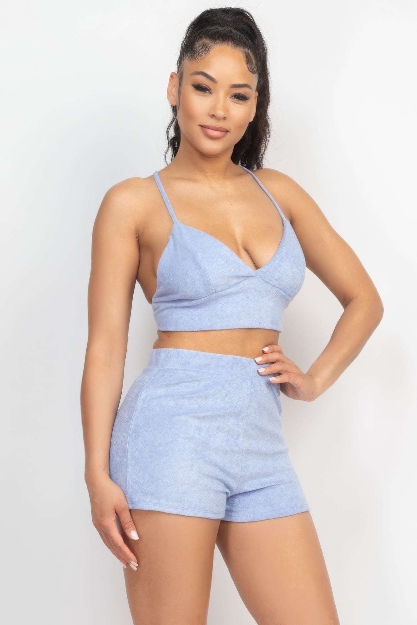 Terry Towel Bralette Top & Mini Shorts Set - The Diva Goddess